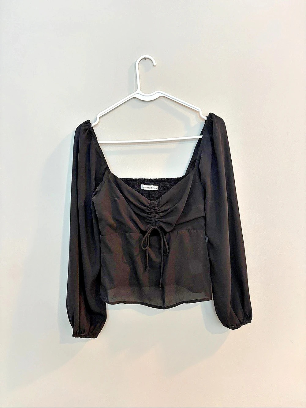 Abercrombie & Fitch Black Ruched Puff Sleeve Tie-Front Blouse
